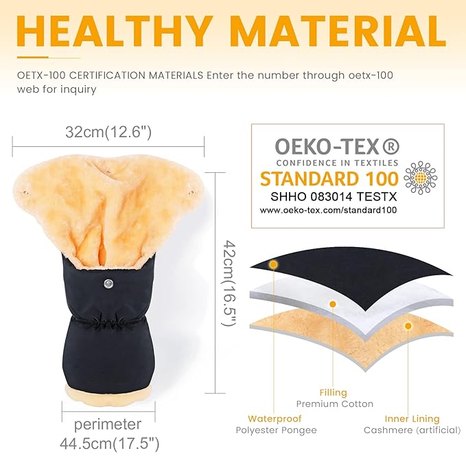 Orzbow Faux Sheepskin Stroller Gloves, Universal Winter Anti-Freeze Stroller Mittens, Waterproof Extra Thick Hand Muff for Cold Weather, Cozy & Warm, Black