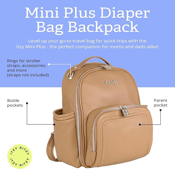 Itzy Ritzy Mini Diaper Bag Backpack – Chic, Compact Mini Plus Backpack with Changing Pad, 10 Pockets (6 Internal, 4 External), Grab-Top Handle & Rubber Feet (Chai)