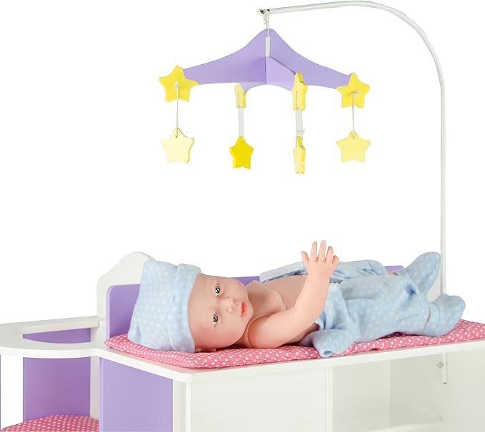 Olivia's Little World Little Princess Baby Doll Two-Sided Wooden Baby Doll Changing Station with Storage Shelves, Closet, Highchair, Changing Table, and Sink, White with Purple and Pink Accents