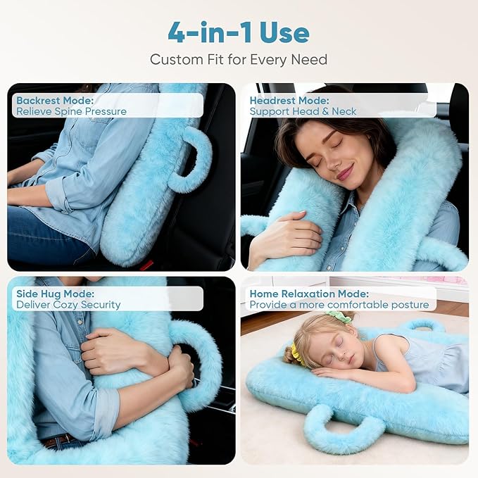 Car Pillow for Kids, Travel Pillow for Car Sleeping, Head and Neck Support Cushion with Removable Inner Insert, Washable Cover (Blue)