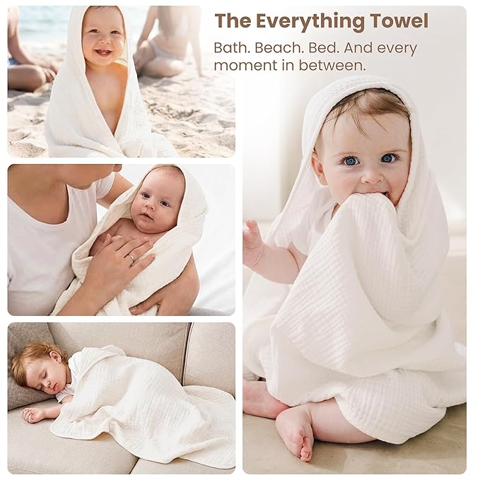 Konssy 2-Pack Muslin Hooded Baby Towels, 100% Cotton, Ultra-Soft & Absorbent Baby Bath Towels with Hood for Newborn & Infant (Blue, Blue Whale, 37.5" x 37.5")