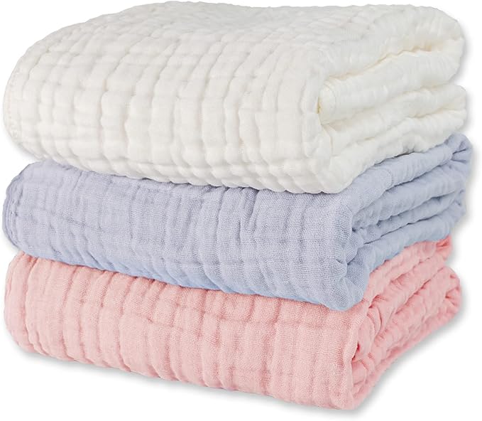 Muslin Baby Bath Towels Set 3 Pack Ultra Soft and Absorbent Baby Towels Infant Toddler Blanket Towel 6-Layer Natural Cotton Towel Suitable for Girl Boy 40x40 inches (White&Pink&Grey)