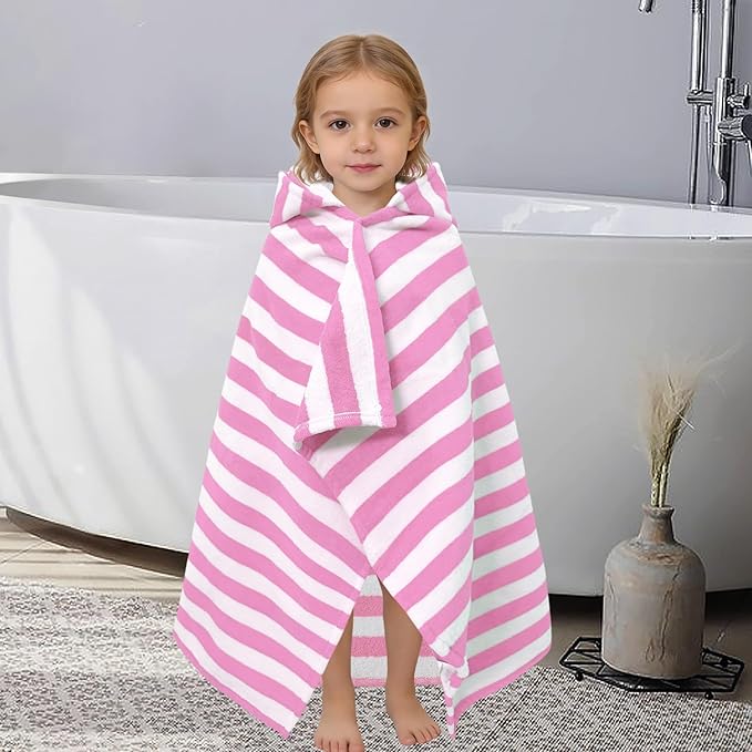 VOOVA & MOVAS Toddler Hooded Bath Towel 0-3T, 25''X40, Soft | Thick | 100% Cotton | Absorbent Towel Wrap for Baby, Perfect for Beach, Pool, Bath, Swimming,Pink Stripe