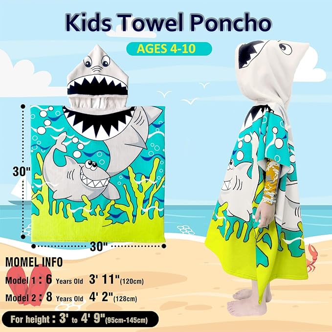 Hooded Kids Beach Towels - Toddler Bath Towel Girls Boys Swim Cover-ups for Ages 4 to 10 Kids Pool Towels Quick Dry Lightweight Soft Microfiber Poncho 30x30(Blue Sharks)