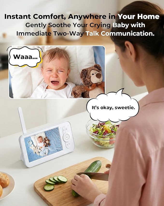 hazen No WiFi Baby Monitor with Camera and Audio, 5" Screen, 30-Hour Battery Life, Pan-Tilt-Zoom Camera, Night Vision, VOX, 2-Way Talk, 8 Lullabies, 1000ft Range, Baby Essentials, White