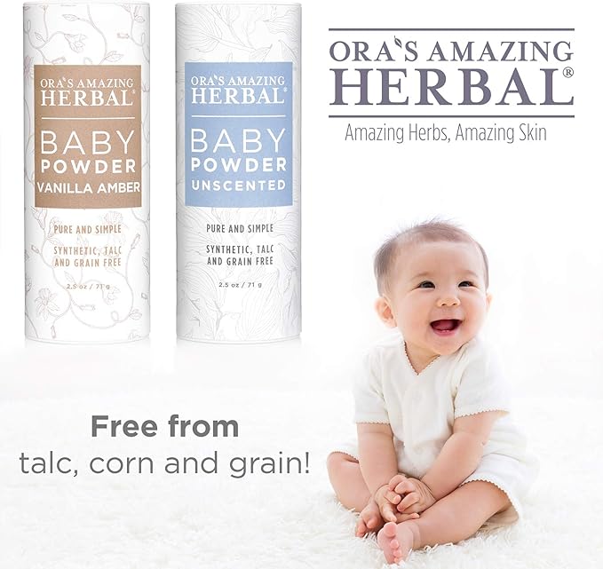 Baby Powder Talc-Free, Real Vanilla Amber Natural Scent, Cornstarch Free Arrowroot and Clay Based Powder, Synthetic Fragrance Free, Ora's Amazing Herbal, 2.5 oz 3 Pack