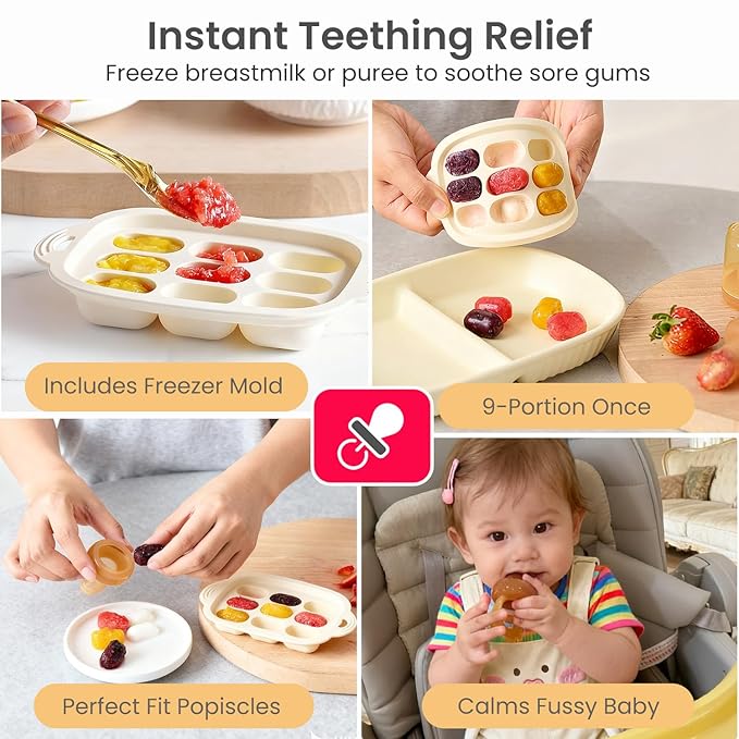 Baby Food Fruit Feeder Pacifier with Freezer Tray | Auto-Push Silicone Baby Feeder, Safely Introduce Fresh + Frozen Food - Breastmilk Popsicles for Teething Relief Babies 4 Months+