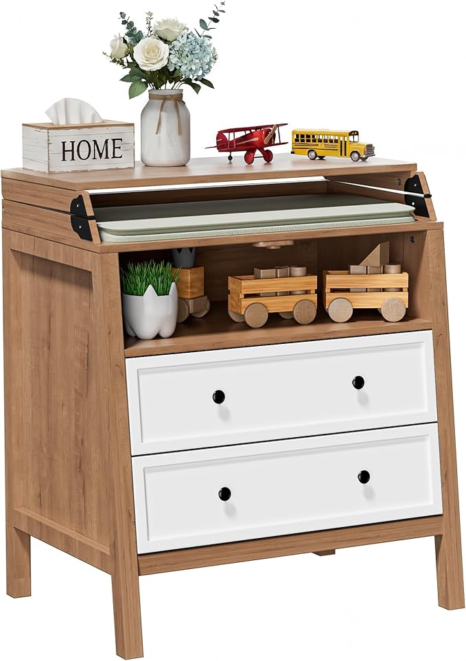 UbabyNest Baby Changing Table with Foldable Tabletop, Baby Dresser with 2 Wide Drawers & Open Storage Space, Modern Diaper Changing Station, Perfect for Nursery,White& Wood (Pad Not Included)