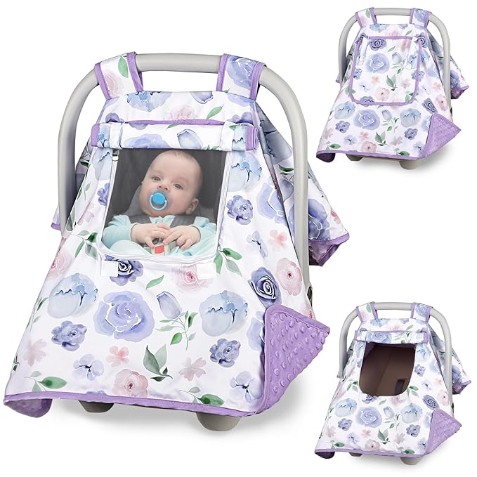 Baby Carseat Seat Cover Girls, Winter Carseat Canopy, Cozy & Warm Cover with Zipper Peep Windows, Infant Minky Carrier Cover, Soft Breathable, Baby Must Have, Purple Romantic