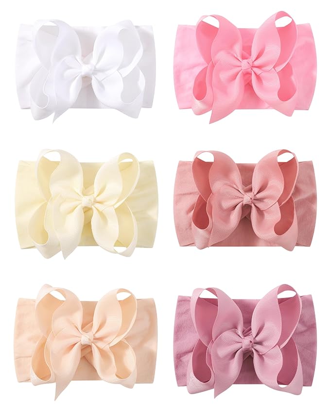 doboi 6PCS Baby Girl Bows Big Baby Headbands Ribbon Bow Nylon Headbands Hair Accessories Baby Bows for Baby Girls Infant Newborn Toddler-PINK