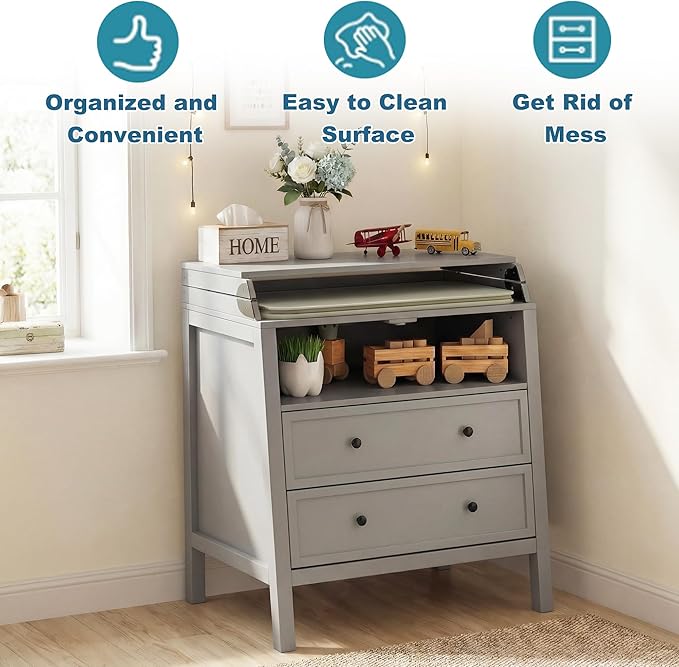 UbabyNest Baby Changing Table with Foldable Tabletop, Baby Dresser with 2 Wide Drawers & Open Storage Space, Modern Diaper Changing Station, Perfect for Nursery, Grey (Pad Not Included)