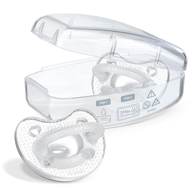 Chicco PhysioForma Luxe Orthodontic Pacifier, 6-16m | 100% Soft Silicone | Supports Breathing & Oral Development | Textured Shield & Handle | Includes Sterilizing Case | BPA Free | Crystal, 2pk