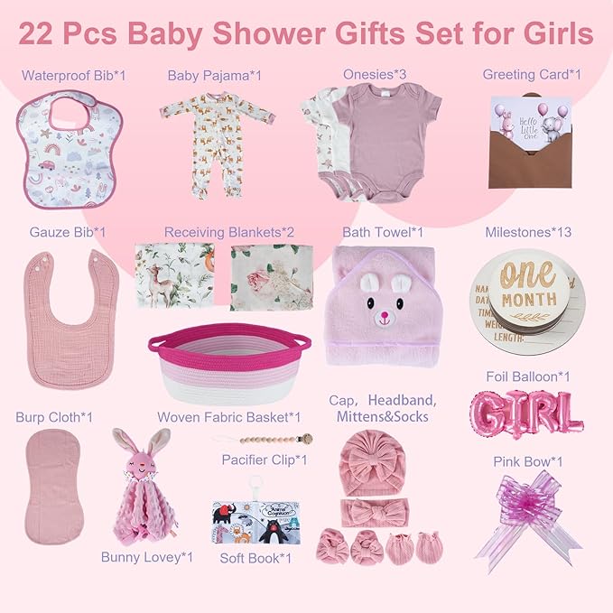 22-Pcs Baby Girl Gift Basket Set, Pink (0-12M Newborn) | Premium Baby Shower Gifts for Girls: Newborn Essentials Set in Woven Basket with Balloon & Bow, Ultimate Welcome Baby Package