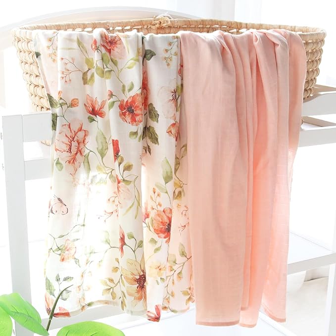 LifeTree Baby Swaddle Blankets, Boys Girls Muslin Swaddling Wrap Receiving Blanket for Newborn, 70% Viscose from Bamboo and 30% Cotton, Large 47" x 47", Butterfly Floral and Pink
