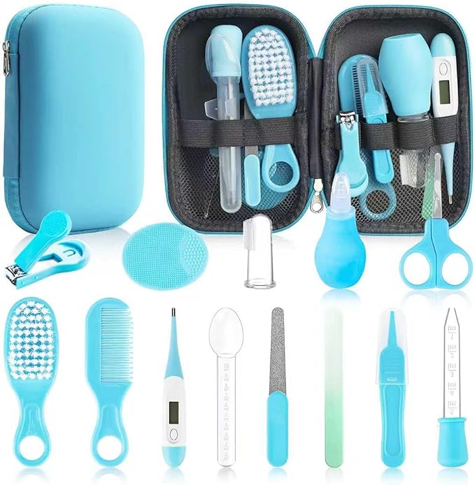 Baby Healthcare and Grooming Kit, 14 in 1 Baby Safety Set Newborn Nursery Health Care Set with Hair Brush Scale Nail Clippers for Baby Girls Boys (Blue 14 in 1)