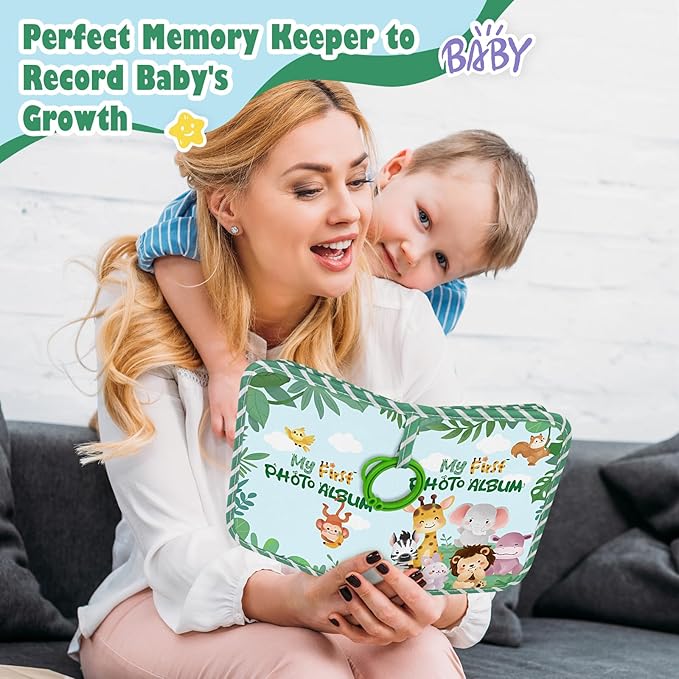 Lanpn My First Soft Cloth Family Photo Book Holds 17 4x6 Pictures, Baby Photo Album with Name Card Name Tag Stickers, Fabric Kid Memory Keepsake Gift for Baby Shower Newborn Toddler Boy Girl (Animal)