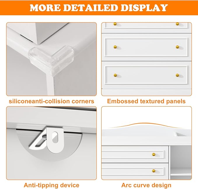 St.Mandyu White Changing Table Dresser, Baby Nursery Dresser, Baby Diaper Changing Table, 5 Drawers, Adjustable Shelves, Metal Handle, Curved Wrapping Design, White