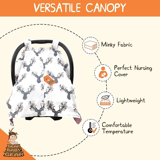 Dear Baby Gear - 40x30 Car Seat Canopy, Infant Carrier Cover for Boys & Girls, Cozy Fall, Nursing & Stroller Use, Newborn Travel Sunshade Accessory, Antler & Flower, Pink Dot