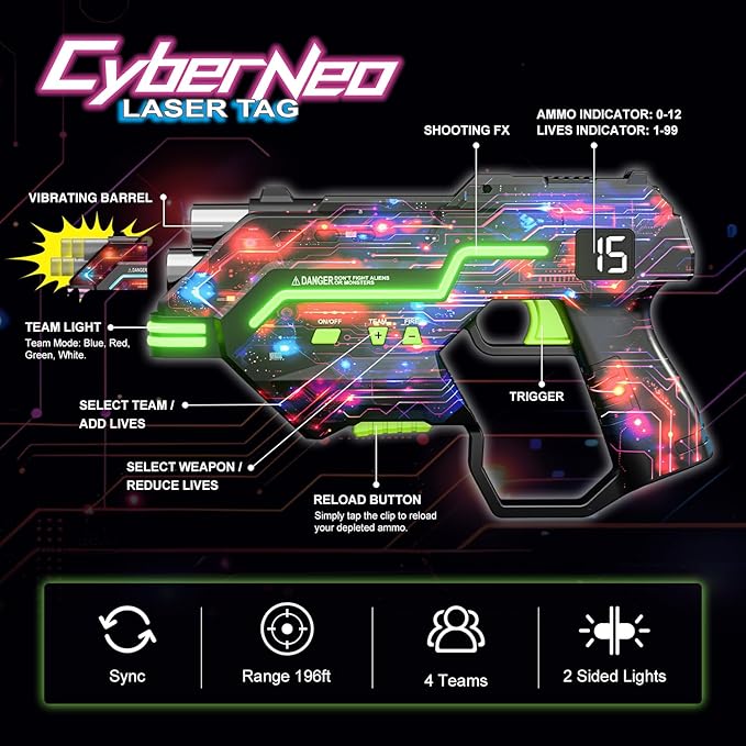 Laser Tag Guns Set of 4: LED Vest Setting | Dynamic Barrel | Fun Ideas Age 8+ Year Old Toys | Lazer Game Teen Boys & Girls Outdoor Activity | Gift for Kids, Teens & Adults