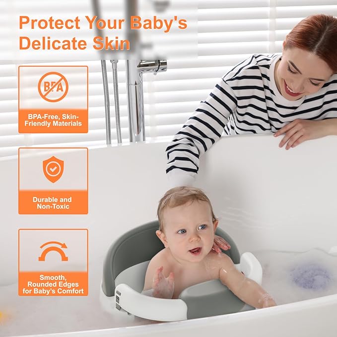 Baby Bath Seats for Babies Sitting Up, Non-Slip Baby Bathtub with 3 Suction Cups, Safe & Comfortable Toddler Bath Seat Ideal for Baby Bath/Shower Support, Stable Design, Grey (6-24 Months)