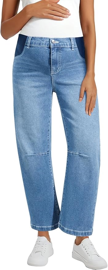 BLENCOT Women's Maternity Jeans Elastic Hight Waist Stretch Barrel Jeans Wide Leg Side Panel Pregnancy Denim Pants