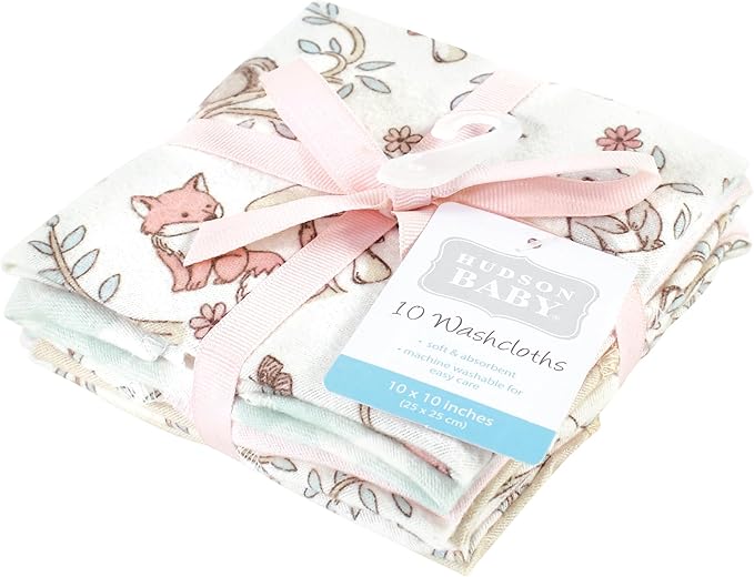Hudson Baby Unisex Baby Flannel Washcloths, Girl Woodland Pals 10Pk, One Size