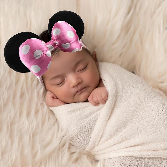 JIAHANG 3D Baby Girl Mouse Ears Turban Headwrap with Satin Polka Dot Bow, Wide Velvet Hairband, Hair Bow Headband for Infant Toddlers