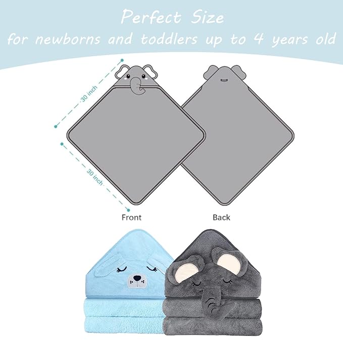 2 Pack Hooded Baby Towel - Premium Soft Bath Towel for Bathtub for Babie, Newborn, Infant - Ultra Absorbent, Natural Baby Stuff Towel for Boy and Girl (Elephant, Dog)