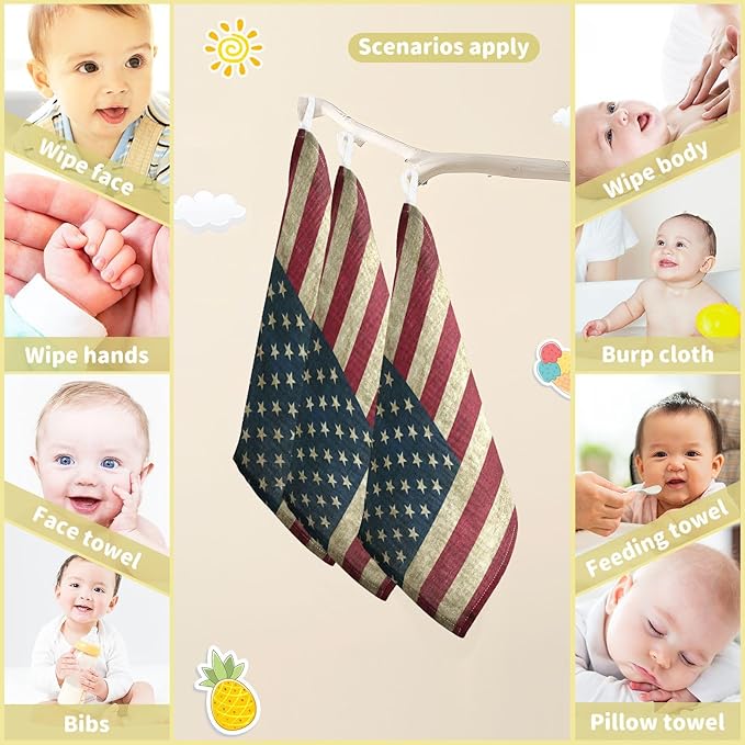YETTASBIN American Flag Muslin Baby Hand Washcloths, Soft Cotton Bath Face Towel, 4 Layers Extra Absorbent Feeding Burp Cloth for Newborn Infant, 3 Pack