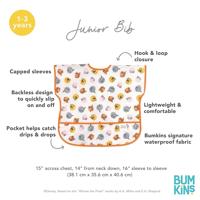 Bumkins Disney Short Sleeve Bib for Girl or Boy, Toddler and Kids for 1-3 Years, Large Size, Essential Must Have for Junior Children, Eating, Mess Saving Soft Fabric Play Apron, Winnie and Friends