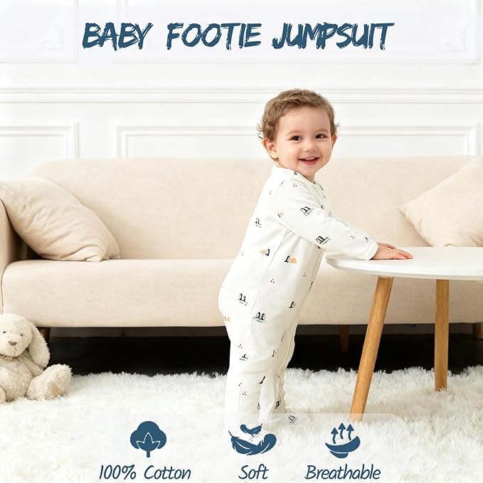 Baby Footie Jumpsuit, 100% Cotton Long Sleeve Footed Romper, Summer Outfit for 0-12 Months
