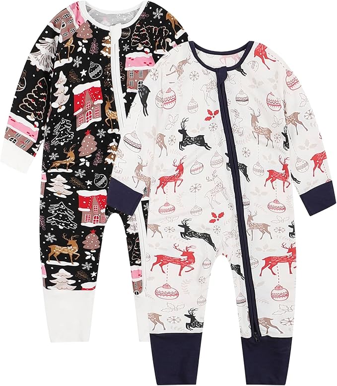 OPAWO Viscose from Bamboo Baby Pajamas Girl 2pack Mittens Cuff 2 Way Zipper Soft Footless Sleeper Baby Boy One-Piece Romper
