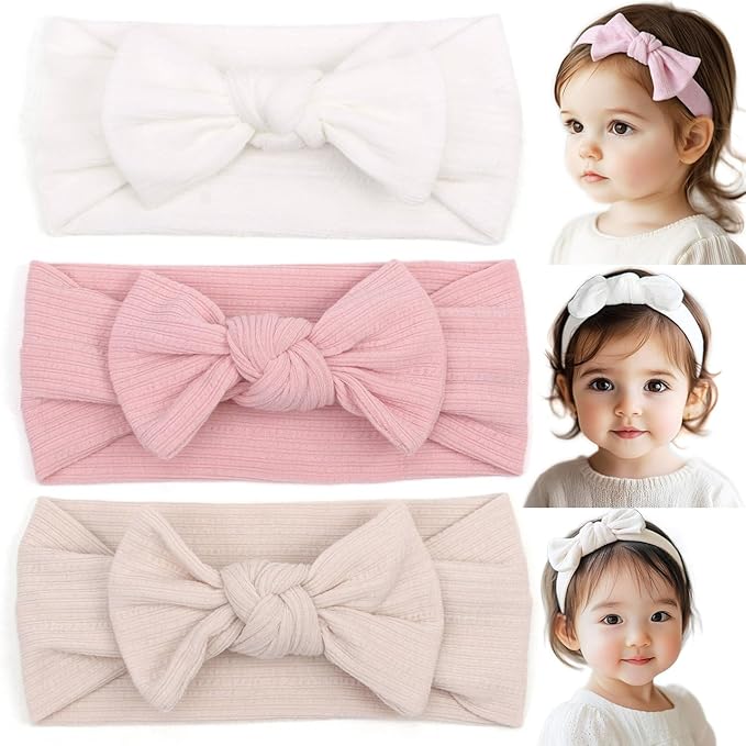 Handmade Baby Headbands Soft Stretchy Nylon Hair Bands with Bows for Newborn Infant Baby Toddler Girls- Pack of 3 (Set-B, 3 Count (Pack of 1))
