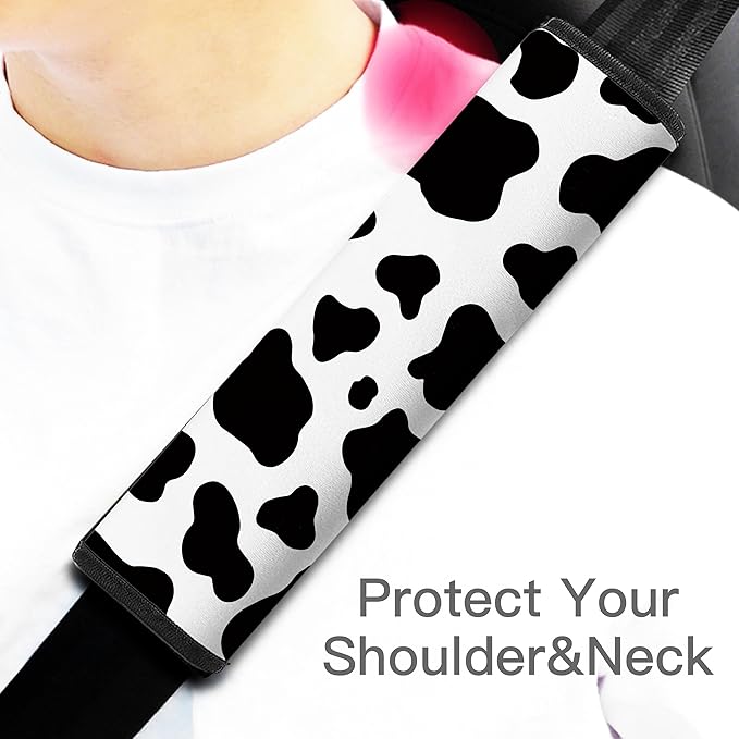Car Seat Belt Pad Cover, 2-Pack Soft Car Safety Seat Belt Strap Shoulder Pad for Adults and Children, Suitable for Car Seat Belt, Backpack, Shoulder Bag (Cow Pattern)