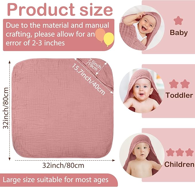 Peryiter 4 Pcs Muslin Hooded Baby Towels 32x32inch Cotton Newborn Bath Essentials Muslin Infant Blankets Absorbent Registry Baby Shower Present for Babies Girl Boy Kids (Dark Color)