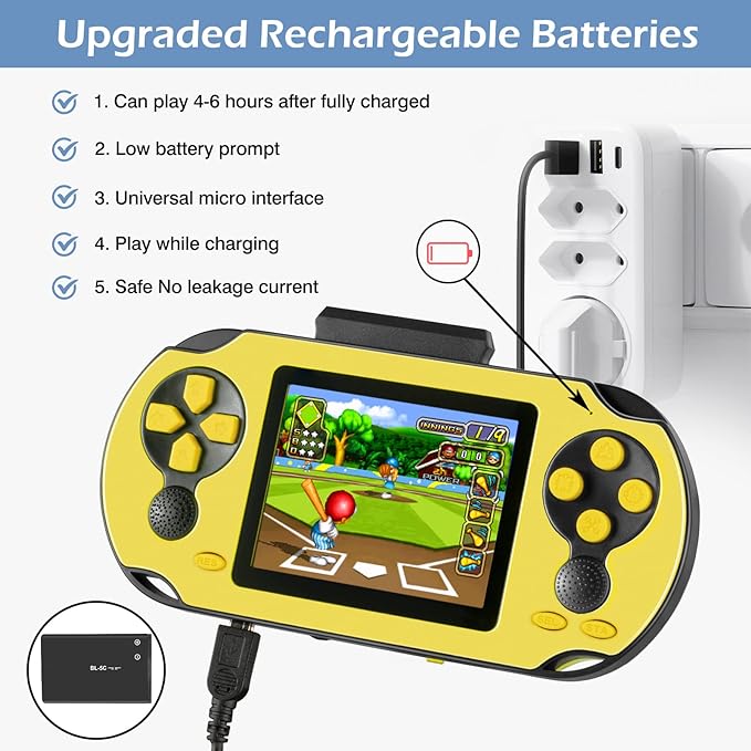 16 Bit Handheld Game for Kids Adults, 3.0'' Large Screen Preloaded 230 HD Classic Retro Video Games with USB Rechargeable Battery & 3 Game Cartridges for Birthday Gift for Kids 4-12 (Yellow)