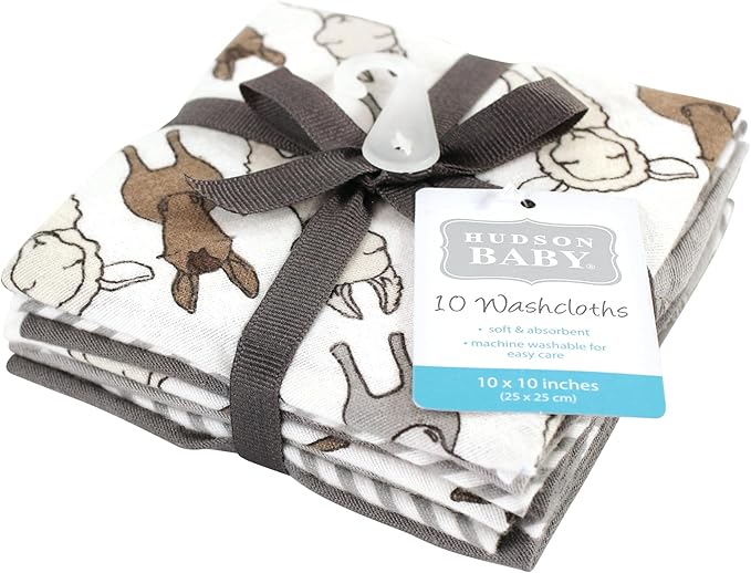 Hudson Baby Unisex Baby Flannel Washcloths, Farm Friends Cream 10Pk, One Size