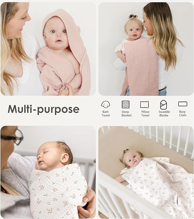 Muslin Baby Towels with Hood for Newborn 100% Cotton Baby Bath Towels Soft & Absorbent Hooded Baby Towel for Boys and Girls, Large Size - 32 * 32 Inches