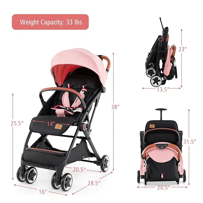 BABY JOY Lightweight Baby Stroller, Compact Toddler Travel Stroller for Airplane with 5-Point Harness, Adjustable Backrest/Footrest/Canopy, Storage Basket, Easy One-Hand Fold (Pink)