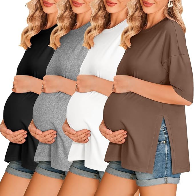 Ekouaer 4 Packs Women’s Maternity Shirts Short Sleeve Split Side Pregnancy Tee Tops Tunic Blouse Mama Clothes