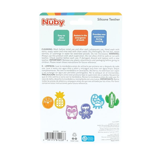 Nuby Soft Silicone Gum Massaging Baby Teether Toy - (2 Pack) Baby Teething Relief Toys for 3+ Months - Dino and Cactus