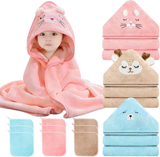 12 PCS Baby Bath Towels Set, 3 PCS Hooded Baby Towels & 9 PCS Washcloths, 32x32 Inches Ultra Absorbent Cute Soft Newborn Essentials Gift for Boys & Girls (Pink + Brown + Blue)