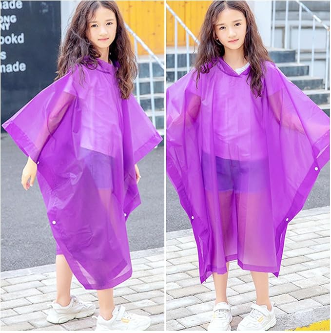 Rain Poncho for Kids (2 Pack), Reusable EVA Children Raincoat Ponchos Rain Jacket with Hood for 6-14 Girls Boys