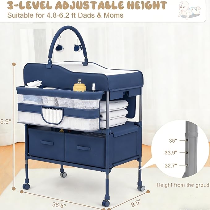 Folding Baby Changing Table Portable with Waterproof Pad, Adjustable Height Changing Station with Storage Drawers, Mobile Nursery Organizer for Newborn Infant Baby, Blue