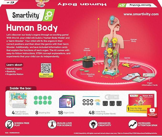 Smartivity Human Body Model for Kids 6 to 12 Years | Learn Body Organs, Functions with Fun Card Games | Christmas, Birthday Gift for Boys & Girls | DIY STEM Science Toys for Kids 6, 8, 10, 12 Years