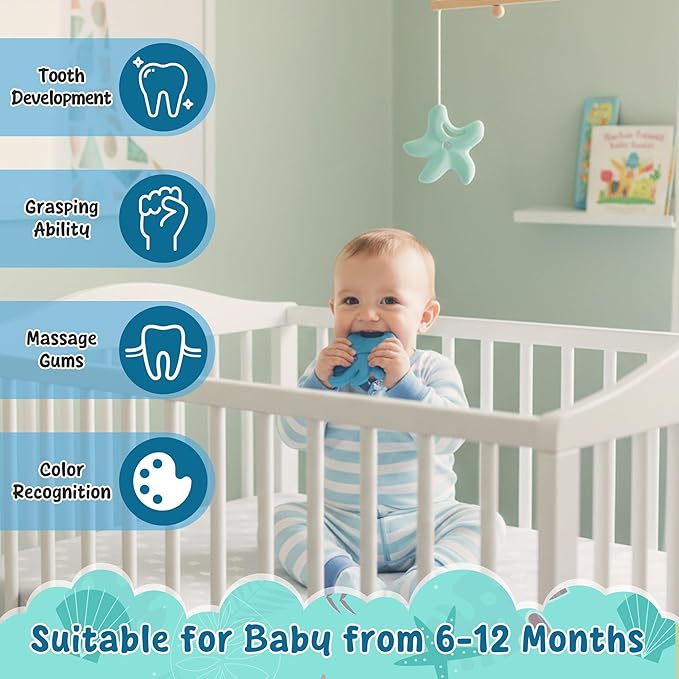 2Pcs Summer Silicone Teething Toy for Babies Ocean Animal Themed Sore Gums Pain Teething Relief Chew Toy Summer Ocean BPA Free Soft Teether for Infant Toddler Newborn 6-12 Months Birthday Baby Shower