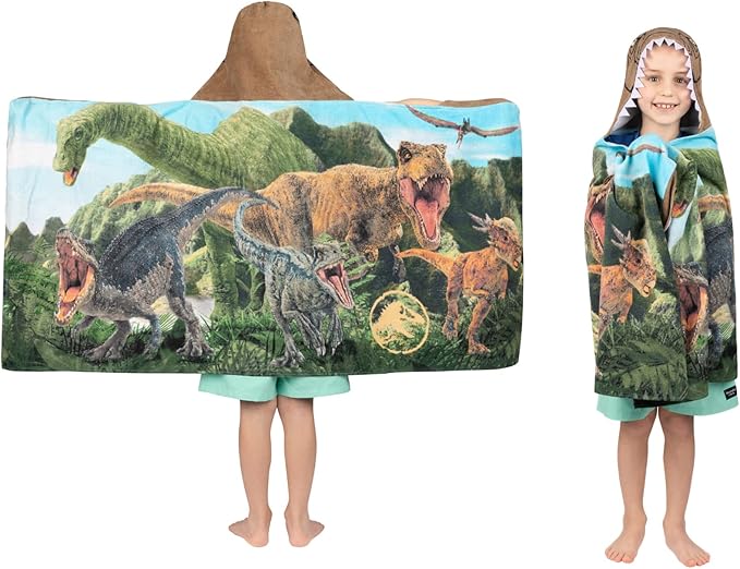 Jurassic World Dominion Soft Bath/Pool/Beach Cotton Terry Hooded Towel Wrap, 24 Inches x 50 Inches, By Franco Kids