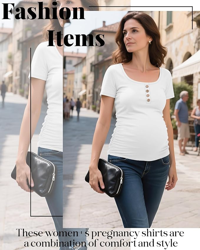 Riyiper 4 Pack Women's Maternity Shirts, Henley Scoop Neck Pregnancy Tee Tops Short Sleeve Side Ruched Mama Clothes