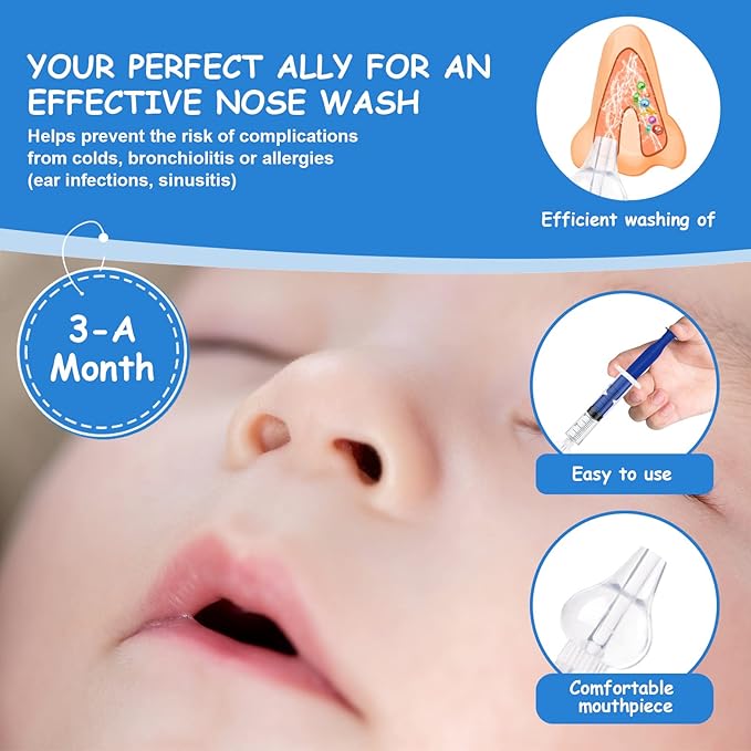 Vicloon Baby Nasal Irrigator, 4PCS Nasal Syringe for Baby, Syringe Nasal Irrigator with Cleanable and Reusable Silicone Nasal Suction Tip forIrrigation, Nasal Spray, Nasal Hygiene（Color）