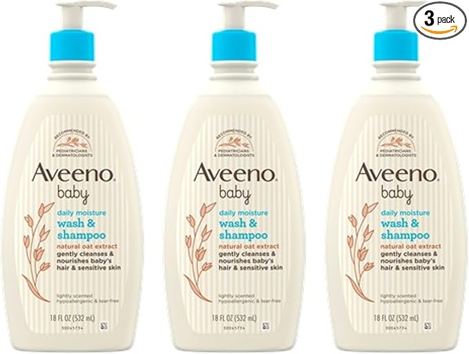 Aveeno Baby Gentle Body Wash & Shampoo with Natural Oat Extract, Tear-Free, Paraben-Free & Phthalate-Free Formula for Baby’s Sensitive Hair & Body, Lightly Scented, 18 fl. oz, 3 Pack